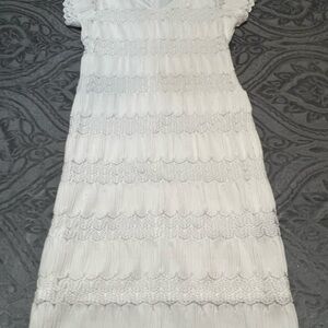 Sharagano White Midi Sheath Dress with Flutter Sleeves and V-Neck